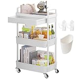 Wuciray Beauty Trolley on Wheels 3 Tier Storage Trolley with Drawer Plastic Beauty Trolleys Rolling Utility Cart Craft Trolleys on Wheels for Home Kitchen Bathroom Laundry Office White