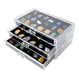 Dmnnlp Rock Display Case, 3 Drawers 54 Grids Rock Collection Box, Storage Cases for Gemstone Fossil Crystal Stone Jewellery (Black)