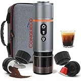 CONQUECO Portable Espresso Machine Travel: 12v Car Coffee Maker with Battery for Camping - Small Electric - 2.5 Mins Heating - Set With Ground Coffee & NS Capsule & Handbag for RV, Hiking, Office