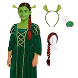 Princess Ogre Costume for Adults – Green Princess Dress with Ogre Ears, Plait Wig & Green Face Paint – Perfect for Fairy Tale, Movie & Halloween Fun