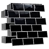 WALPLUS Upgrade Thicker 3D Tile Stickers Peel and Stick Backsplash Splashback Decals Tile Transfer for Kitchen Bathroom Living Room Stick on Tile Waterproof Black Metro Subway 20pcs 15.4x30.5cm