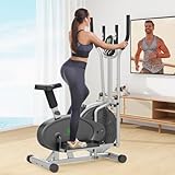 Cowmew Elliptical Cross Trainer, 2 in 1 Cross Trainer Exercise Bike with Adjustable Seat, LCD Monitor, Pulse Sensor & Adjustable Resistance, Max Weight 265LBS Exercise Machine for Home Gym, Siliver