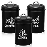 Onader Black Tea Coffee Sugar Canisters, Metal Storage Containers Jars with Lids for Food, Biscuit, Flour, Cakes, Spice or Beans, Vintage Retro Design Perfect for Kitchen Farmhouse Décor, Set of 3