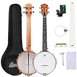 Lotmusic Banjolele, Sapele Travel Banjolele 26 Inch 4 String Remo Drumhead Open Back with Beginner Kit Extra String Allen Wrench Tuner Sandpaper Ruler and Bag