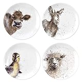 RW WN4093-XW Royal Worcester Wrendale Designs China Tea Coupe Plates Featuring Ewe, Gentle Jack and Just Hatched-Set of 4, Ceramic, White