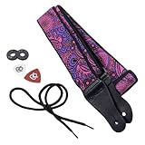 KLIQ Vintage Woven Guitar Strap for Acoustic and Electric Guitars + 2 Free Rubber Strap Locks, 2 Free Guitar Picks and 1 Free Lace | '60s Jacquard Weave Hootenanny Style | Pink & Purple Paisley