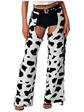 Raenseen Cowgirl Costume for Women Cow Spot Print Flannel Fringed Hollow Out Chaps Pants Trousers Black White M