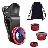 KINGMAS 3 in 1 Universal Fish Eye Lens + Wide-Angle Lens + Macro Clip Camera Lens Kit for iPad iPhone Samsung Android and Most Smartphones red