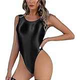Women's Shiny Glossy Leotard, Sexy Sleeveless Crew Neck High Cut One Piece Bodysuit, Low Back Solid Sparkle Dance Jumpsuit, Slim Fit Mesh See Through Leotard for Training Swimwear Yoga Gym Workout