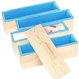 4 Pcs Rectangular Silicone Soap Mold, 42 oz Soap Loaf Mould Wooden Box with Lid, Flexible Silicone Soap Molds Tool for DIY Making Candle Soap Supplies, Blue
