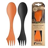 Light My Fire Spork Original 2-Pack 3-in-1 Camping Accessories Knife Fork Spoon Set Survival Camping Gifts for Scouts, Reusable Travel Cutlery Set, Quality Plastic Cutlery BPA Free Sporks Orange/Black