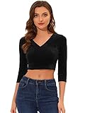 Allegra K Women's St. Patrick's Day Costumes Velvet Blouse V Neck 3/4 Sleeve Solid Saree Crop Top Black L