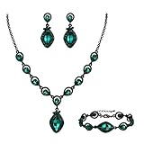 Ever Faith Green Jewellery Set for Women, Sparkly Rhinestone Crystal Vintage Art Deco Marquise Teardrop Pendant Necklace Earrinigs Bracelet Set Costume Wedding Jewelry for Brides Bridal Black-Tone