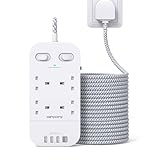 Extension Lead 5M, 4 Way Surge Protected Power Strip with USB C Slots, Extension Cable with Double Switches, Plug Extension Socket 5M Braided Extension Cord for Home Office Accessories