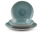 H&H, Echo 18-Piece Porcelain Dinner Set, Teal Colour, Coupe Shape - 6 Dinner Plates, 6 Soup Plates, 6 Fruit Plates, Dishwasher Safe and Microwave Safe