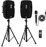 Pyle Pa Speaker System Active, Pa Speaker Set with Stands, 2 Bluetooth Dj Speakers, Wireless Portable Pa Systems, Loudspeaker Pair w/Mic, For Events, Parties, Conferences, DJ, Karaoke and more