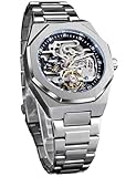 Forsining Fashion Automatic Mechanical Wristwatch Luxury Diamond Tourbillon Skeleton Watches for Men Silver Stainless Steel Male Clock
