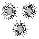 HomeZone® 3 Pcs Distressed Sunburst Silver Round Wall Mirror Set Decorative Hanging Mirrors for Walls Bedroom Decor Wall Mounted Mirrors Wall Decor Hallways Stairs Living Rooms Home Decoration
