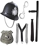 Adult British Policeman London Police Officer Hard Plastic Policeman Bobby Hat Check Suspender Braces Role Play Cop Uniform Accessories SWAT NYPD US Police Fancy Dress, Black, One Size