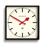 NEWGATE® Number Five wall clock | Square retro inspired modern station clock | 40cm | Black with red hands | Mid century style for kitchen, living room or office