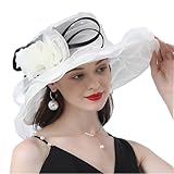 OhMill Elegant Women's Organza Sun Hat Wide Brim Flower Decorated Travel Beach Hat for Wedding Cocktail Ladies White
