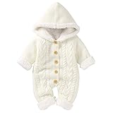 Newborn Baby Hooded Knitted Romper Fleece Sweater Warmer Snowsuit Jumpsuit Coveralls Onepiece Infant Winter Outerwear for Boys Girls White