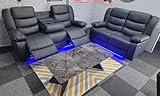 Madrid Leather Electric Recliner Sofa With Cupholders - Leather Sofa - 3+2 Seater - USB Charging Ports - LED Lights (Black, 3+2 Seater)
