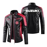 Men Cozy Motorcycle Jacket for SU.ZU.K.I Thicken Racing Suit Graphic Leather Clothing Slim Fit Outerwear PU Leather Cycling Jersey Stitching Coats-HongS||3XL