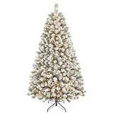 SHareconn 7ft Pre Lit Christmas Tree Snow Flocked with 320 Warm White LED Lights, 8 Light Modes, 1076 Snow Branch Tips, Foldable Metal Stand, Artificial Xmas Tree for Home Office Party Decoration