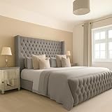 Bespoke Chesterfield Chelsea Wing Bed Frame - UK made - Single/Double/King/Super King Size Plush Velvet Fabric Upholstered (Grey Plush, King size 5ft)