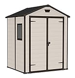 Keter, Manor Apex 6 x 5 ft Outdoor Garden Storage Shed, elegant wood-effect double door design for easy access, durable fade-free resin with window and floor panel for secure storage, Beige and Brown