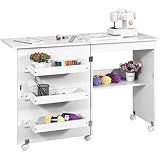 Warmiehomy Wooden Folding Sewing Tables for Sewing Machines, 2-In-1 Craft Table with Storage Shelves and Wheels, Hideaway Computer Desk, 118cm(L) x 40cm(W) x 77cm(H), Saving Space, White
