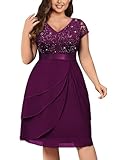 MISSMAY Women's Plus Size Elegant Sequin Lace V Neck Ruffle Trim Chiffon Hem Cocktail Party Swing Dress (2XL, Maroon)