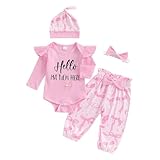 XIXIMAON Newborn Come Home Outfits Baby Girls 4pcs Outfits Set Long Sleeve Romper Top Bow Print Trousers Hat Headband Set Infant Fall Clothes
