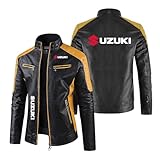 Mens Comfortable Motorcycle Jacket for SU.ZU.K.I Full Zipper Outerwear Slim Fit Cycling Jersey PU Leather Coats Graphic Racing Suit Leather Clothing-HuangS||M