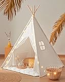 Tiny Land Teepee Tent with Padded Mat, Light String & Carry Case - Kids Foldable Play Tent for Indoor Outdoor, Raw White Canvas - Playhouse - Portable