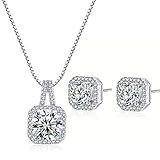 925 Sterling Silver Women Necklace Earrings Jewellery Set Round Cubic Zirconia Gift Box for Party Wedding Vacation (Square se)