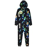 Minecraft Boys Fleece Onesie, Hooded Onesie Pyjamas - Gifts for Gamers (Black Aop, 9-10 Years)