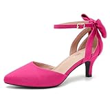 fereshte Women's Wedding Evening Party Bow Kitten Heels Pumps Ankle Strap Buckle Dress Shoes, Hot Pink, 5 UK