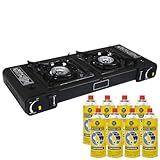 Portable Double Gas Cooker Stove + 8 Butane Gas Bottles Canisters - For Outdoor Camping, Fishing, Caravan & BBQ | Premium Burner, Automatic Ignition & Heater Control, EN417 Compliant - Black Grill