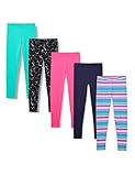 Amazon Essentials Girls' Leggings, Pack of 5, Aqua Green/Black Stars/Navy/Pink/Stripes, 4 Years