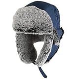 Taslan Ushanka Cap - Faux Fur Lined Warm Winter Russian Style Hat (Large (58/59 cm), Navy Blue)