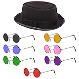 Adults Black Pork Pie Hat Fancy Dress. Blue Round Sunglasses and Classic Black Pork Pie Hat. Mods and Movies Pork Pie Hat for Men and Women. Size: 58cm