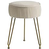 IBUYKE Velvet Round Footrest, Makeup Vanity Stool, Side Table, Pouf Couch Seat, Golden Steel Legs, Creamy-White L/G-30M
