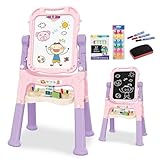The Magic Toy Shop Kids Folding Double-Sided Magnetic Easel - 360° Rotating & Removable Drawing Board with Blackboard & Whiteboard - Magnets, Chalks, Markers, Stand - Art, Painting, & Writing (Pink)