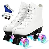 Simanli Roller Skates for Women Four Wheels Roller Skating PU Leather Indoor and Outdoor Double Row Skates Shoes with Bag (White flash,37)