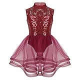 TiaoBug Child Girls Sequins Ice Figure Skating Dress Baton Twirling Competition Leotard with Skirt Burgundy 5-6 Years