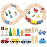 Wooden Train Set for Boy Girls, 33 Pcs Wooden Train Track Rail Set with Train Cars,Town Pieces,People and Tracks,Train Sets Car Kids Toys for Kids Ages 3+ Christmas Birthday Gift