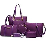 FiveloveTwo Women Ladies 6 Pcs Handbag Set Hobo Top Handle Bag Totes Satchels Crossbody Shoulder Bags and Purse Clutch Purple