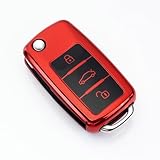 HooRLZ TPU Vw Key Fob Cover For Vw Caddy Jetta Bora Beetle Golf Polo Passat Scirocco Sharan Touran Tiguan T5 Skoda Seat Ibiza Leon Octavia, 3 Button Vw Golf Car Key Case Cover Silicone - Red